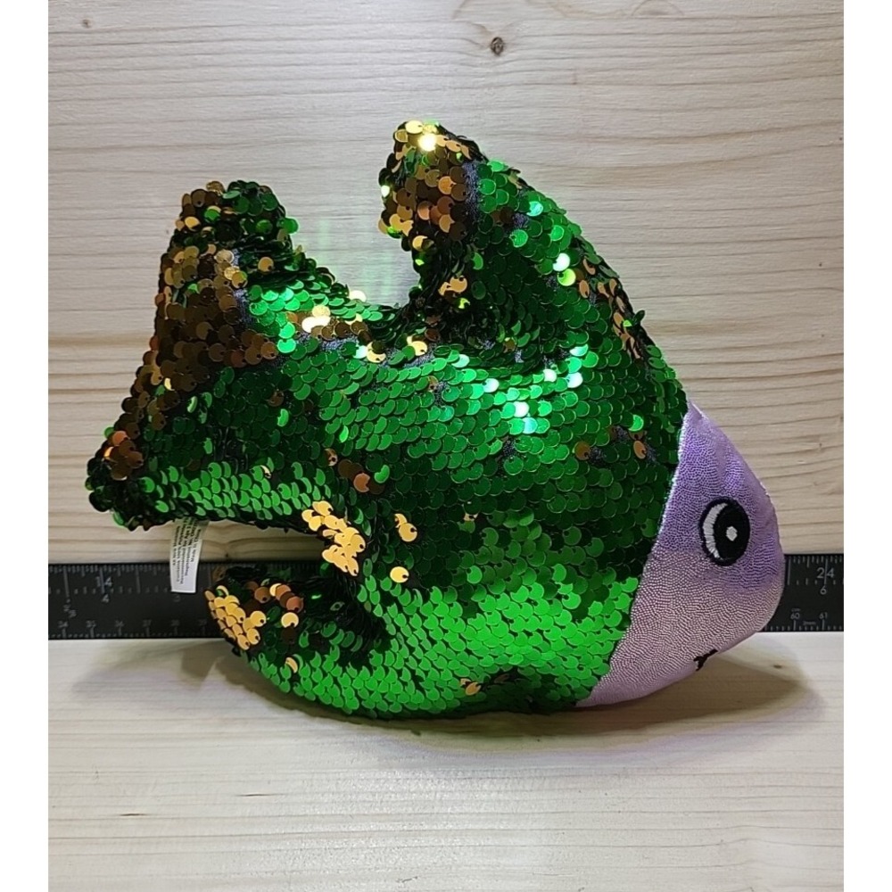 Green Gold Reversible Flip Sequin Fish Plush Stuffed Animal Toy 9 Inch